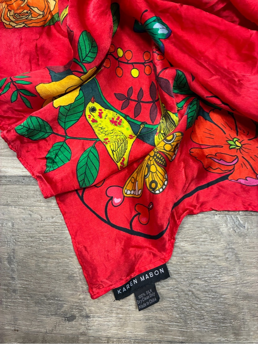 Anthropologie Karen Mabon 100% Silk J Printed Square Scarf Birds Flowers - Picture 7 of 9
